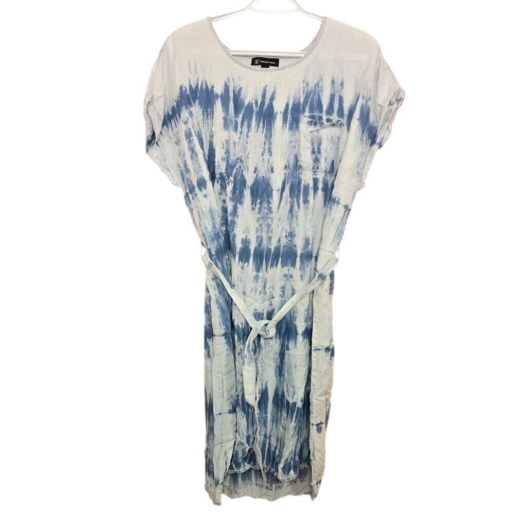 INC International Concepts Blue White Tie Dye Lyocell Belted Shift Dress Large